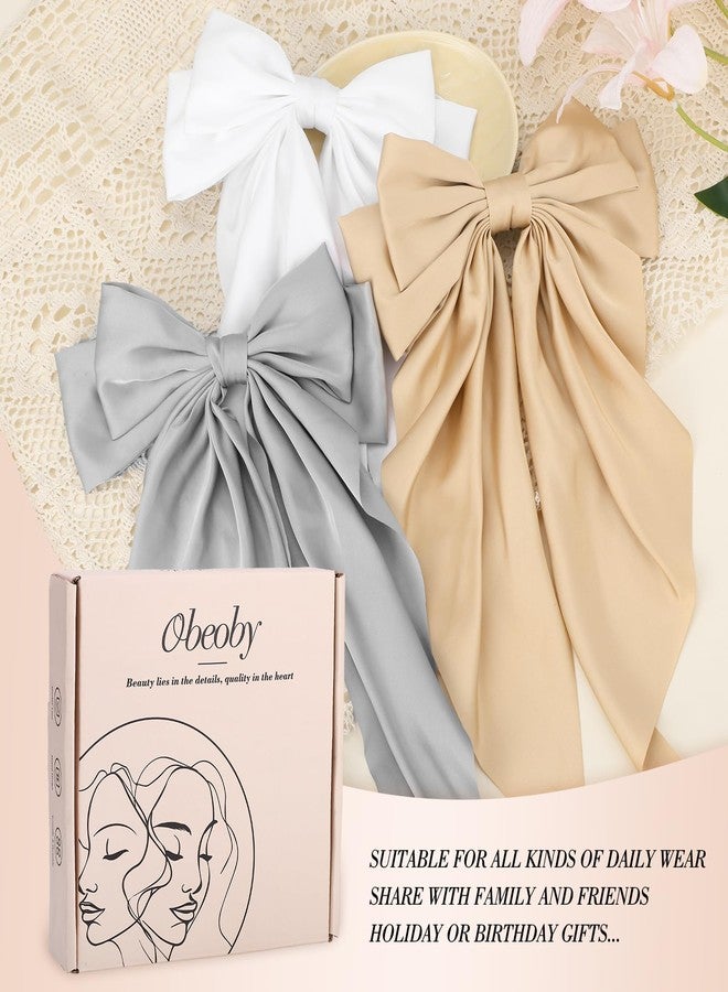 Obeoby 6 Pcs Satin Big Hair Bows, Hair Accessories for Women and Girls Cute Large Bow Clips for Wedding Holiday Birthday Valentines Day Gifts for Her (White, black, brown, gold) - Image 4